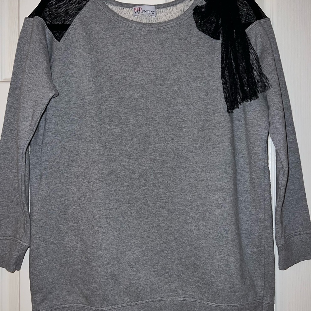 Red Valentino Sweater in Gray Color, Size Medium, with black lace bow.
